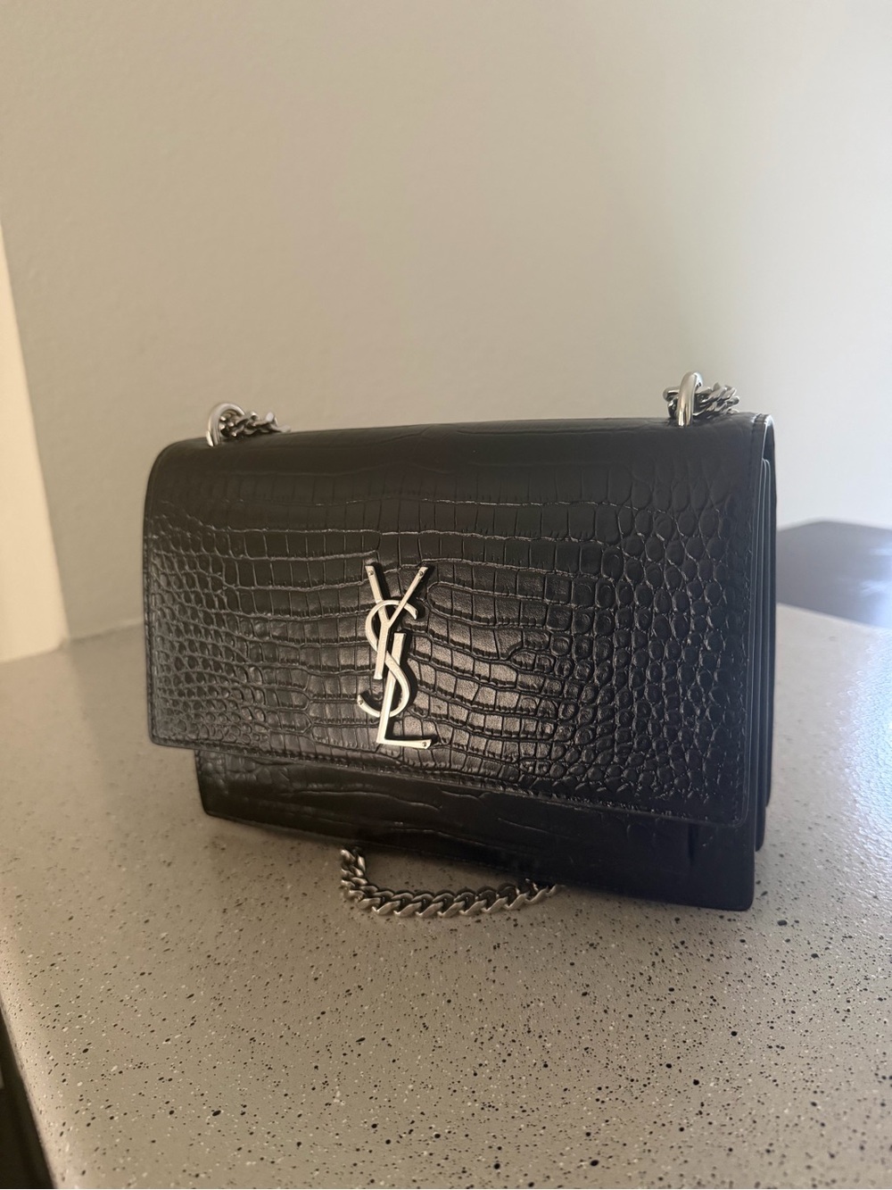 Saint Laurent Black Croc-Embossed Shoulder Bag with Silver YSL Hardware - Picture 9 of 9